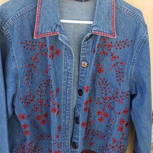 Life Style Womens Floral Flowers Embroidered Jean Jacket Medium Denim